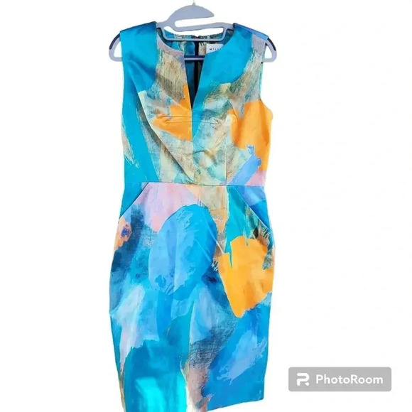 Milly Sleeveless Abstract-Print Gown, Teal Size 6 - Picture 1 of 3